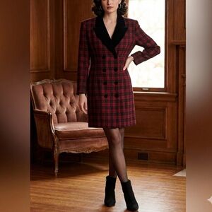 Le Belle Vintage Red Plaid Double-Breasted Tailored Coat Dress Crushed Velvet